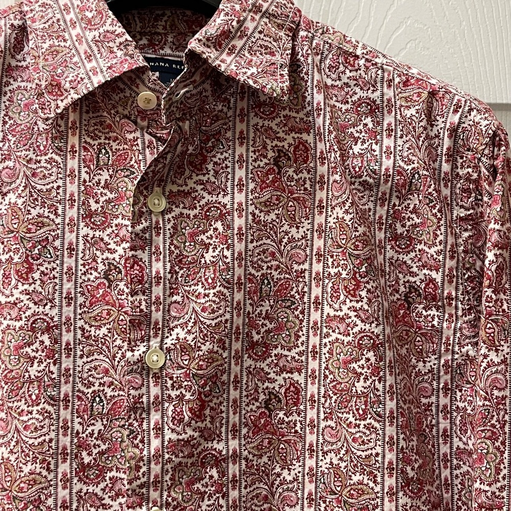 Vintage Banana Republic Men's Medium Red Paisley Striped Cotton Button Up Preppy